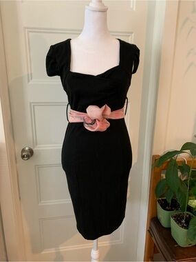 Plastic brand , Women's Vintage Black  Dress /Pink Chiffon silk scarf  bow